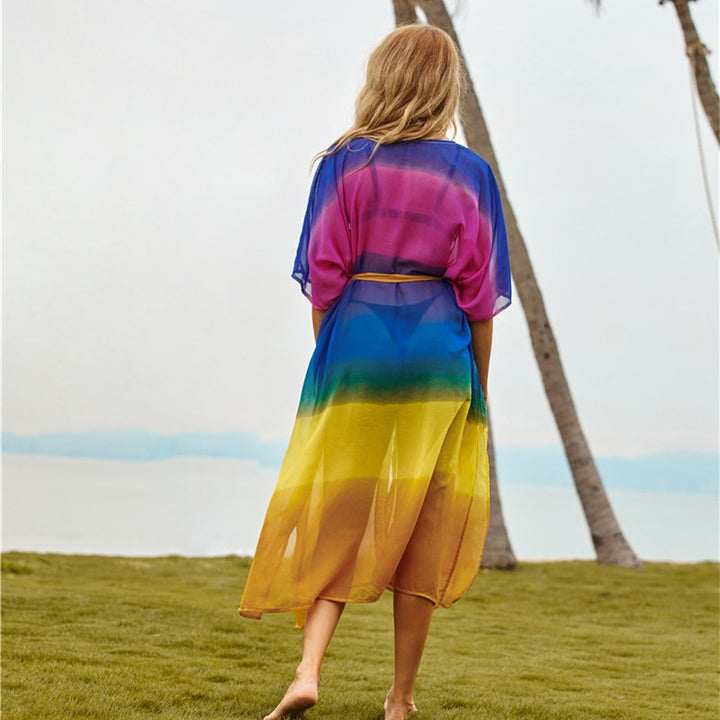 Dame gennemsigtig strandkimono med farverig gradient og attraktive ærmer Stilla