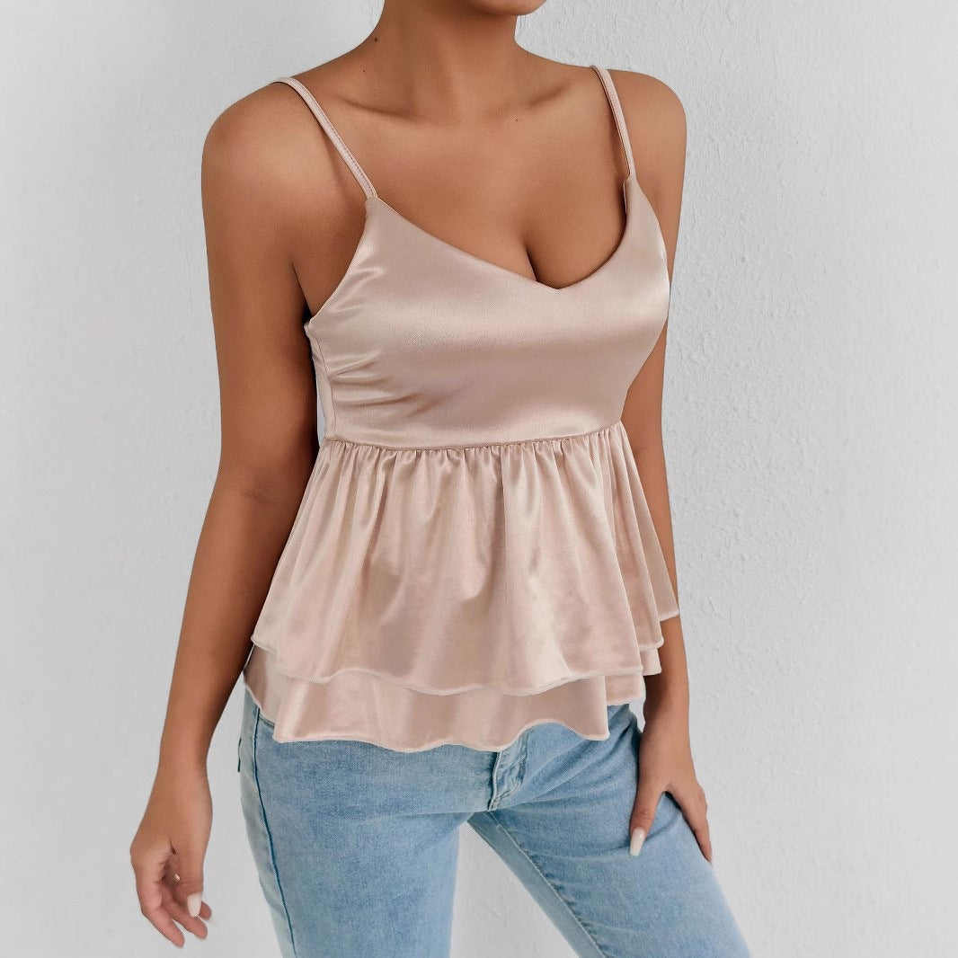 Dame elegant satin top med dekorative volanter Skovae