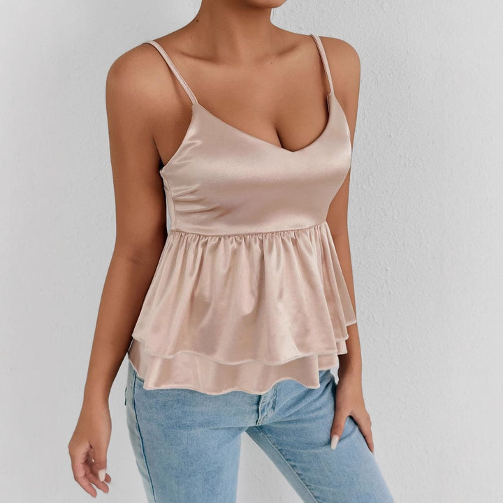 Dame elegant satin top med dekorative volanter Skovae