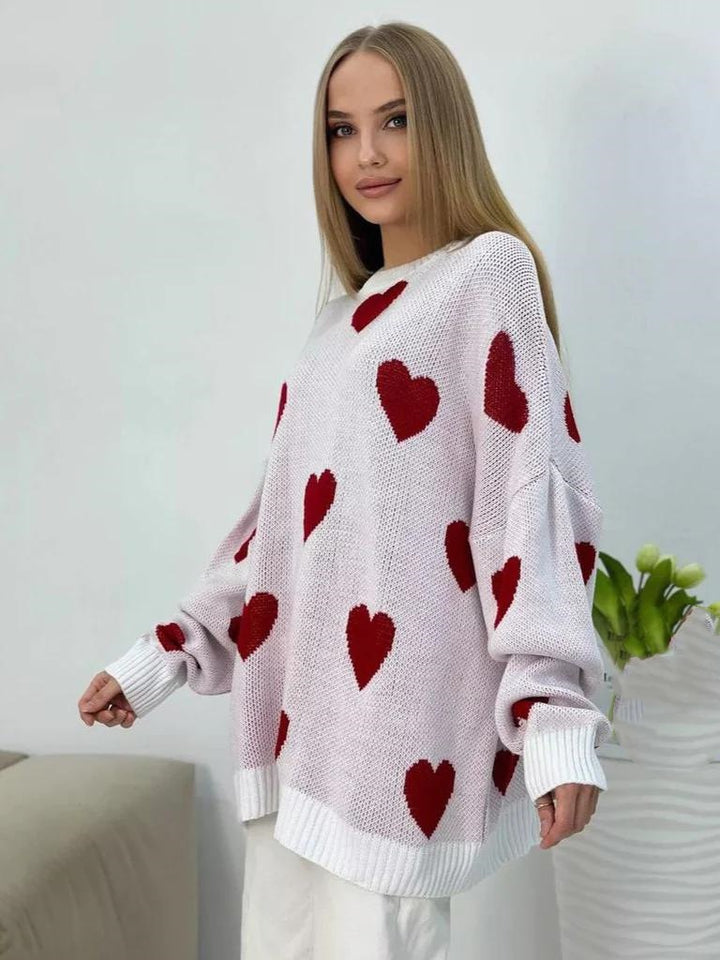 Dame grovstrik pullover med hjerte motiv og dropped shoulders Stilla