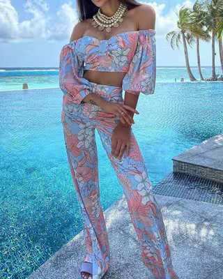 Damer Sommerligt To-delt Outfit med Off-Shoulder og blomstret design Stilla