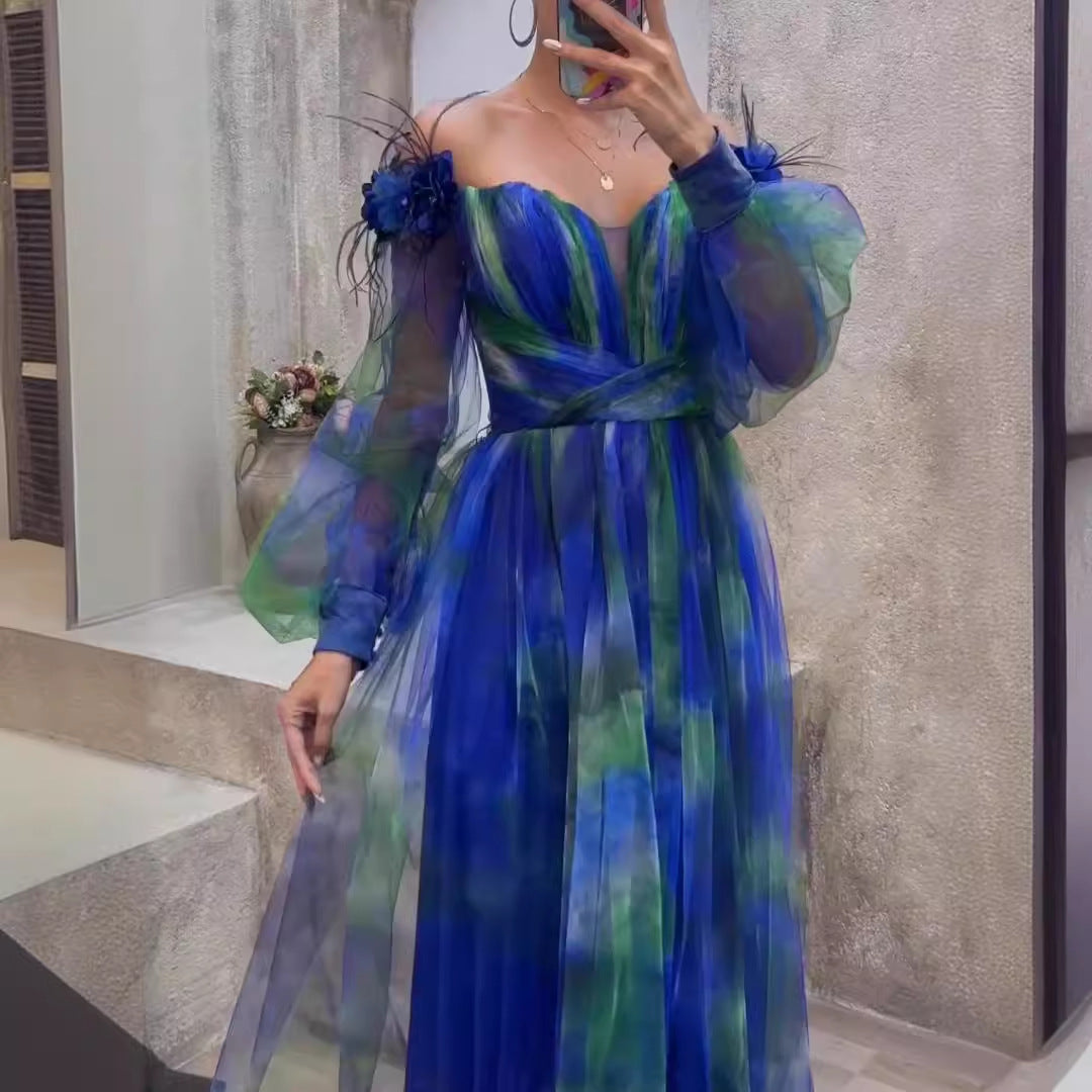 Kvinders Off-Shoulder Maxi Kjole med Blomsterdesign og Gennemsigtige Flæse Detaljer