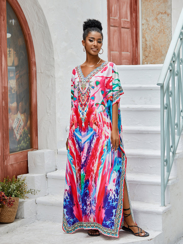 Dame Kaftan med kunstnerisk blomsterdesign og elegant V-udskæring Stilla
