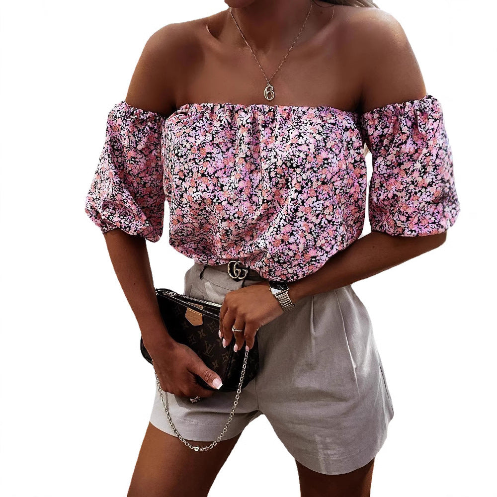 Ladies Off-Shoulder Blouse with Voluminous Puff Sleeves and Floral Pattern Skovae