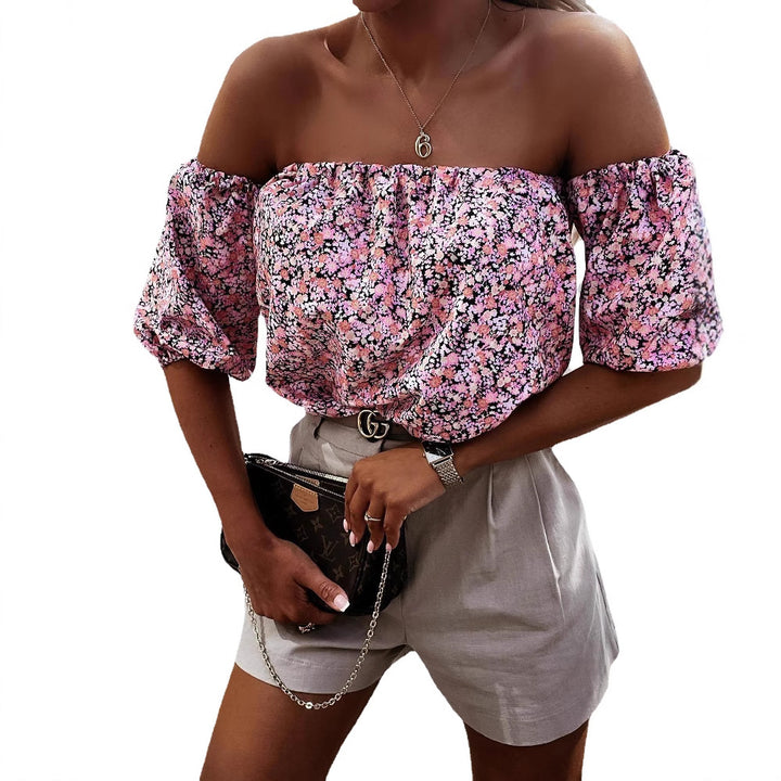 Ladies Off-Shoulder Blouse with Voluminous Puff Sleeves and Floral Pattern Skovae