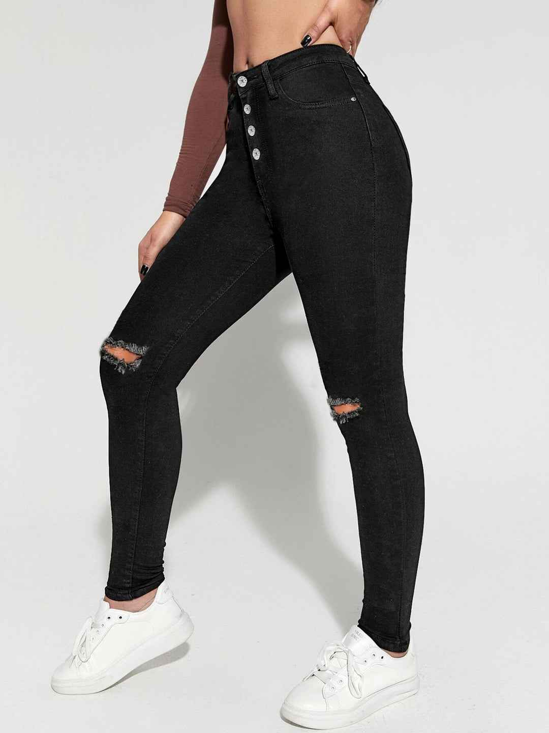 Damer High-Waist Jeans med fashionable riftdetaljer og knaplukning Stilla