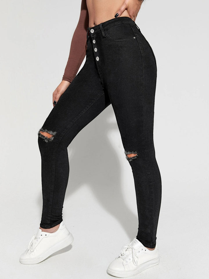 Damer High-Waist Jeans med fashionable riftdetaljer og knaplukning Stilla