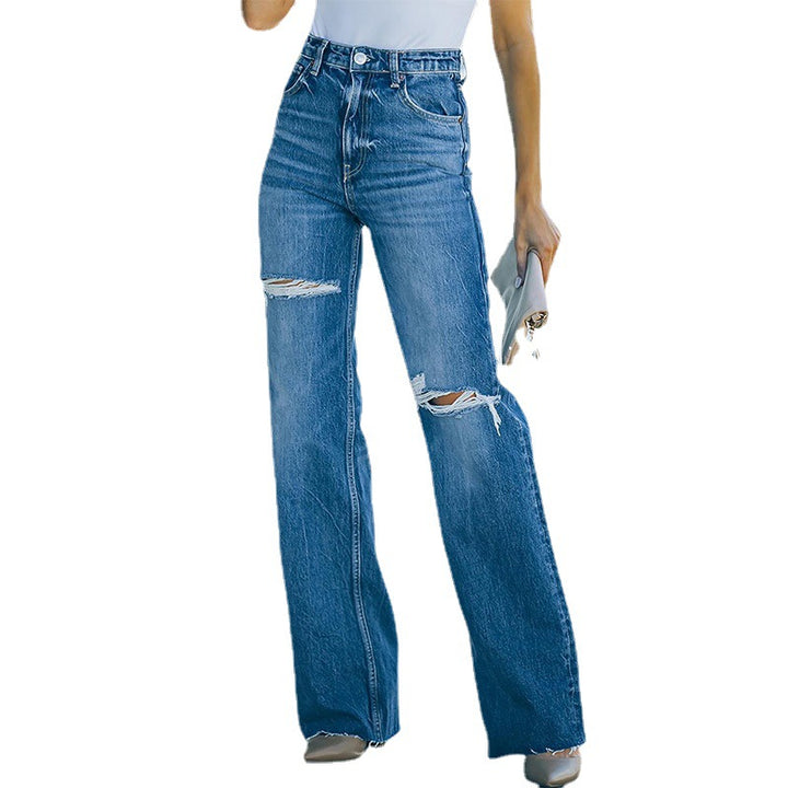 Dame Bred High-Waist Jeans med moderne Distressed-detaljer og sidelukning Stilla