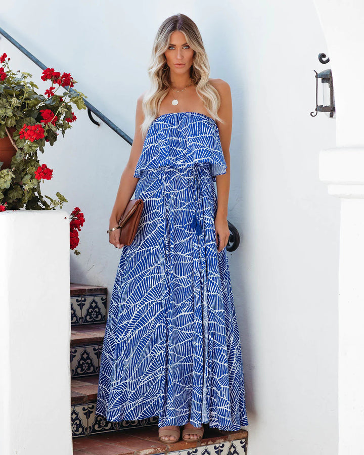 Dame Maxi Kjole i elegant Boho-stil med elastisk overdel og taljebinding Stilla