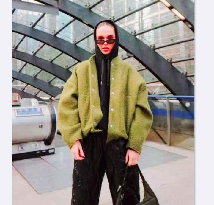 Dame Oversized Uldjakke med knapløst design og blødt foret Skovae