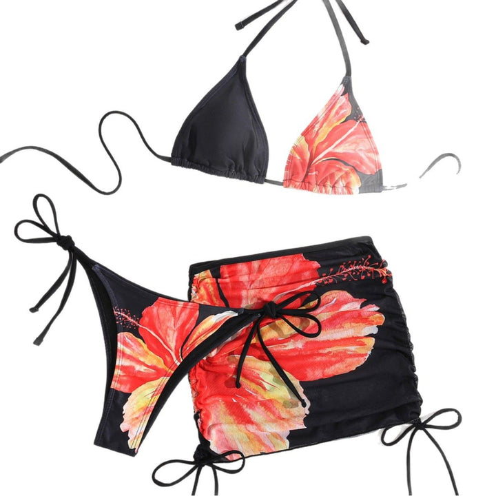 Dame Triangel-bikini med gennemsigtig skørtelement og blomsterdesign Skovae