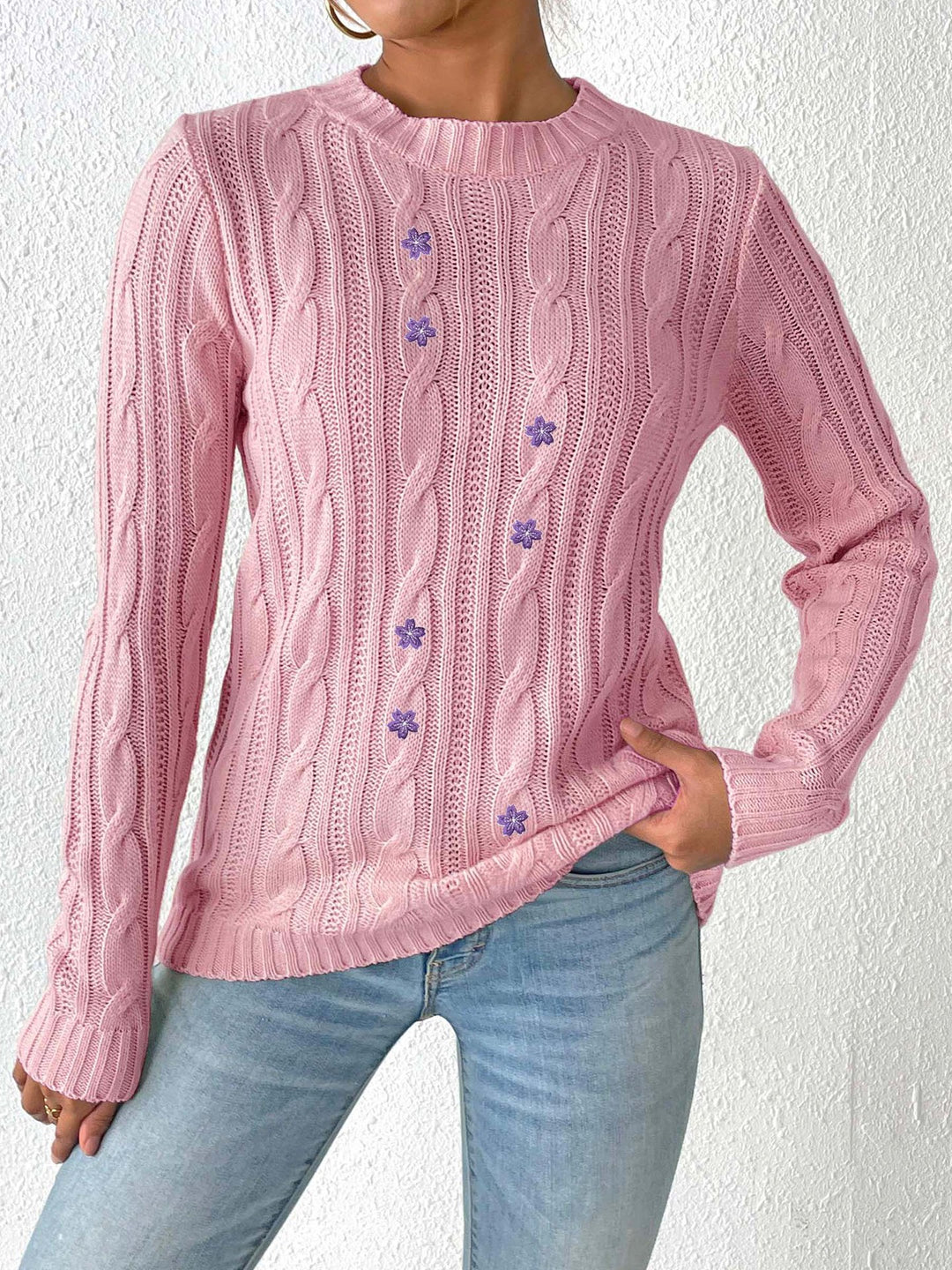 Damer Stor strikpullover med dekorative blomsterapplikationer Stilla