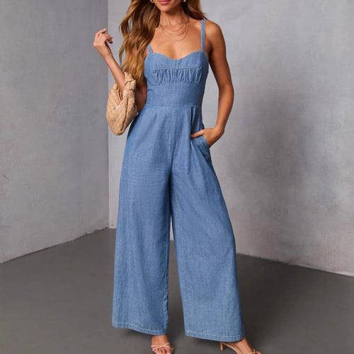 Dame casual denim overalls med elegant bustier top og brede ben