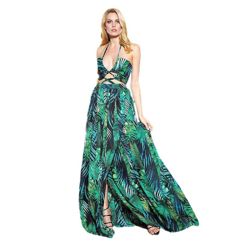 Dame Maxi-kjole med floral bladdesign og innovativt omslagssnit Stilla