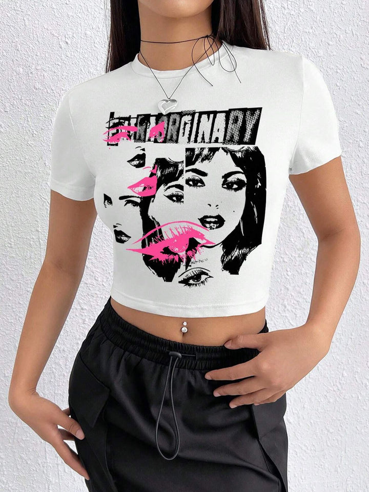 Dame Crop-T-shirt med inspirerende tryk og tætsiddende pasform Skovae