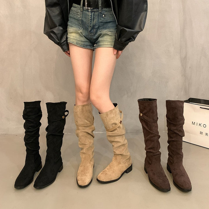 Femme Slouchy Suede Knælange Støvler med Dekorativ Knap Stilla