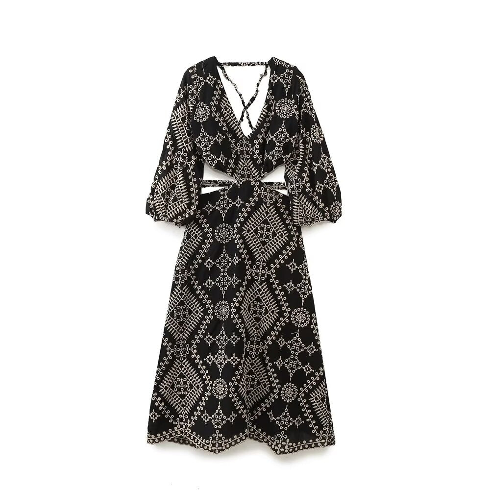 Femme Elegant Bohemian Maxi Kjole med Uddannelsesdetaljer Stilla