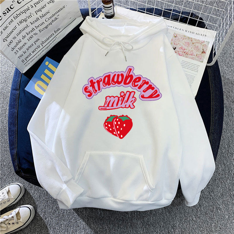 Dame hætte sweatshirt med munter jordbær mælk design Skovae