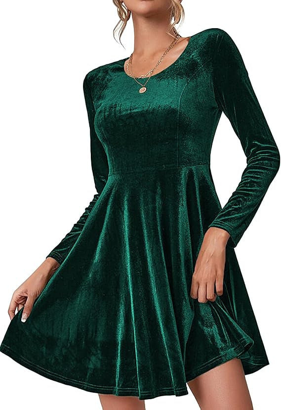 Dame elegant A-linje kjole i velour med lange ærmer og rund halsudskæring Stiila