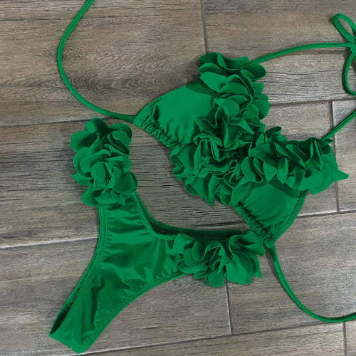Dame Bikini-sæt med blomstrede flæser og justerbare stropper Stilla