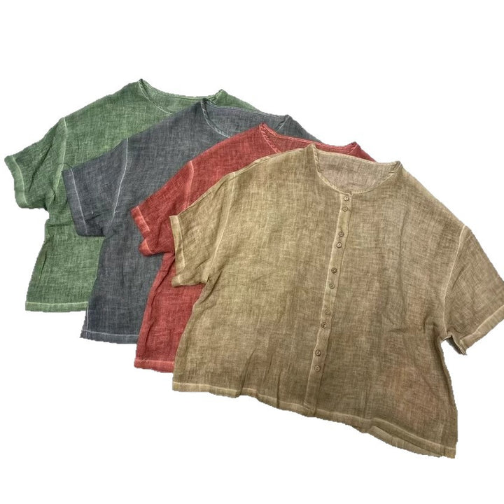 Femme Letvægts Knap-Op Linned Crop Top Stilla