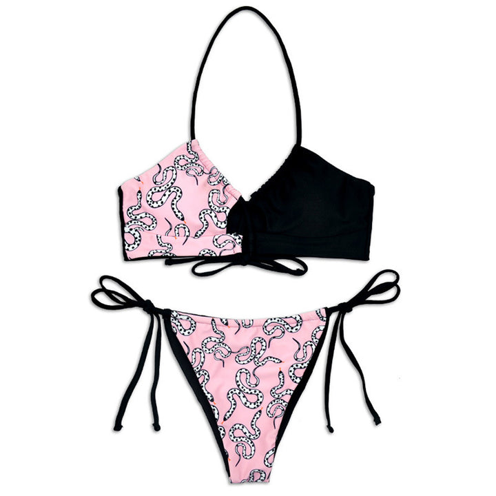 Dame Halter-Bikini med asymmetrisk design og legende mønster Skovae