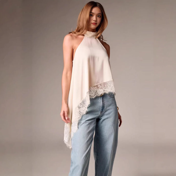 Damer luftig chiffon-top med elegant spidsudsmykning Skovae