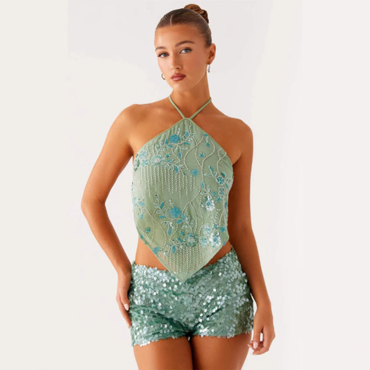 Dame elegant bluse med blomsterdesign og glitrende detaljer Skovae