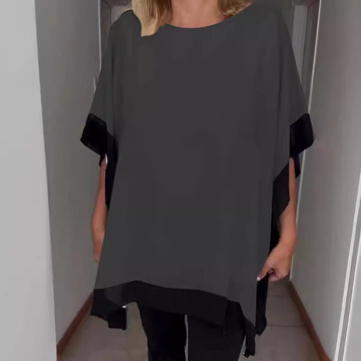 Dame Stilfuld Batik-bluse med bølget kant og kontrasterende ærmer Stilla