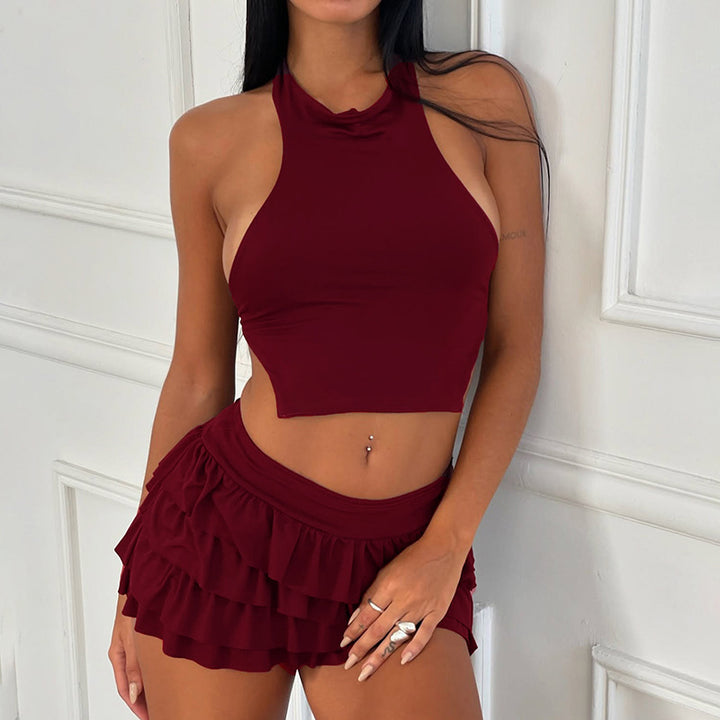 Dame Crop-Top og Ruffleshort-sæt Stilla