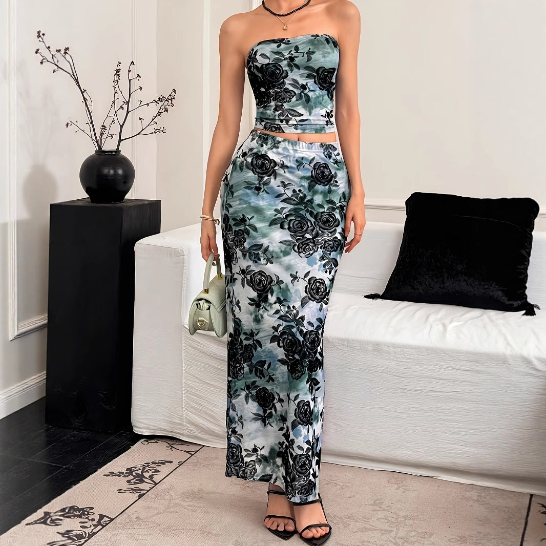 Dame Elegant og figursyet blomster mønster-top med matchende nederdel Stilla