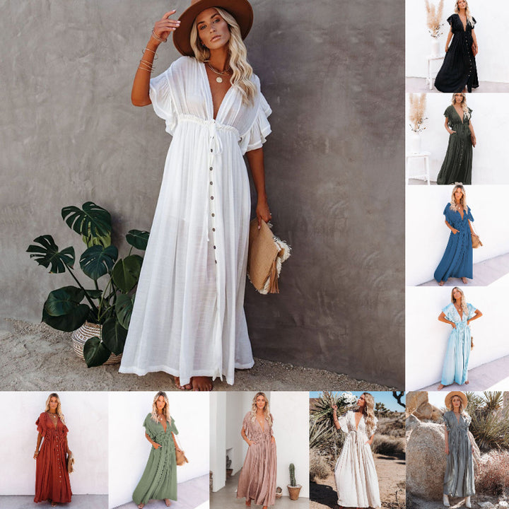 Dame Maxi-kjole med ruffles detaljer og praktiske lommer Stilla