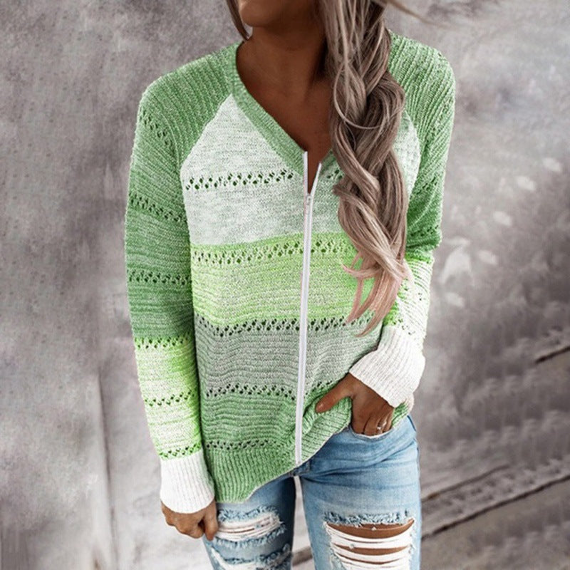 Kvinders strikket sweater med lynlås og luftige ribdetaljer Stilla