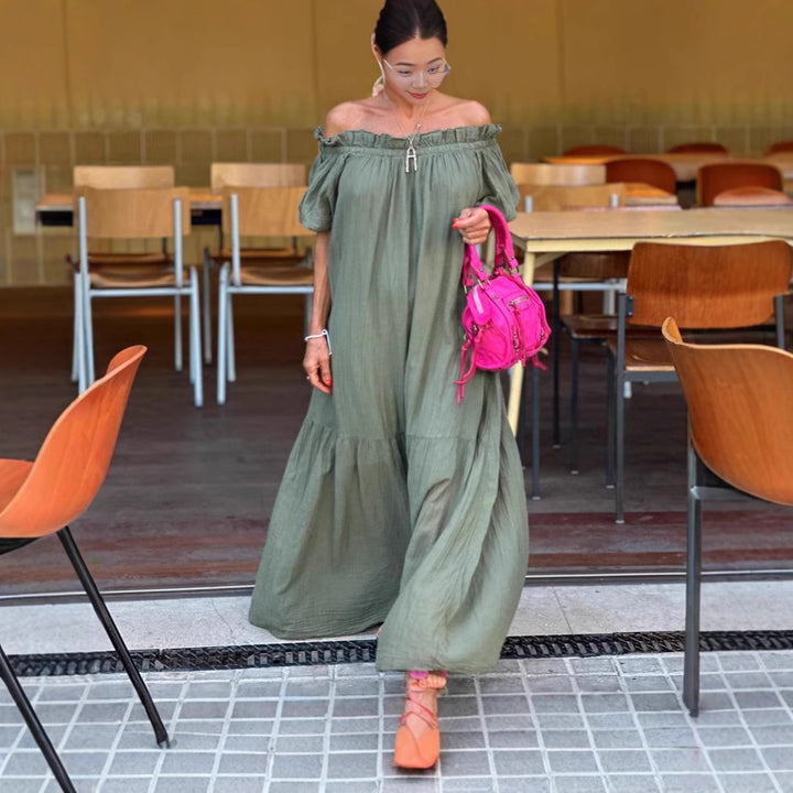 Dame Off-Shoulder Maxikjole med voluminøse pufærmer og flæser Stilla