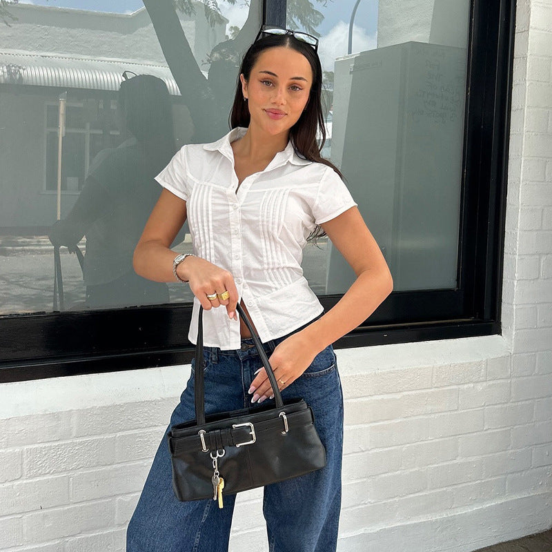 Damebluse med struktureret design og elegant krave Stilla