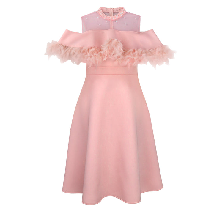 Dame elegant kjole med transparente puffærmer og dekorative fjerdetaljer Skovae