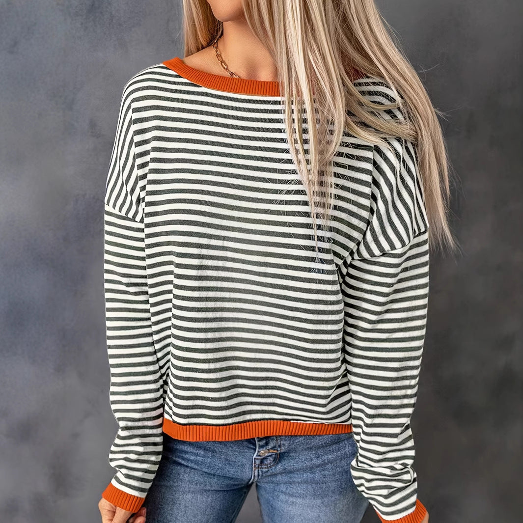 Dame stribet strikpullover med kontrasterende kant Stilla