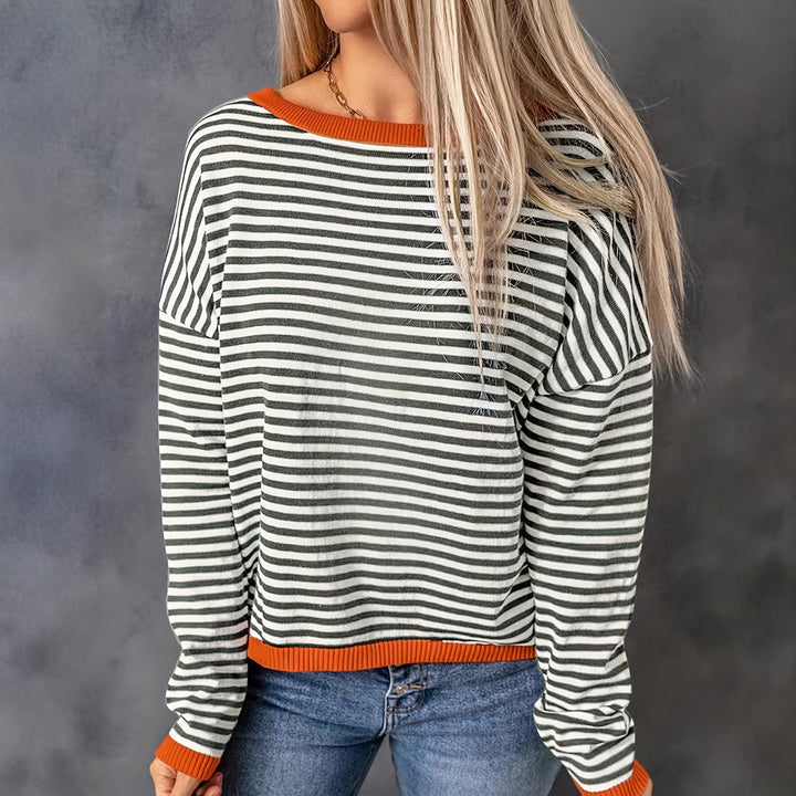 Dame stribet strikpullover med kontrasterende kant Stilla