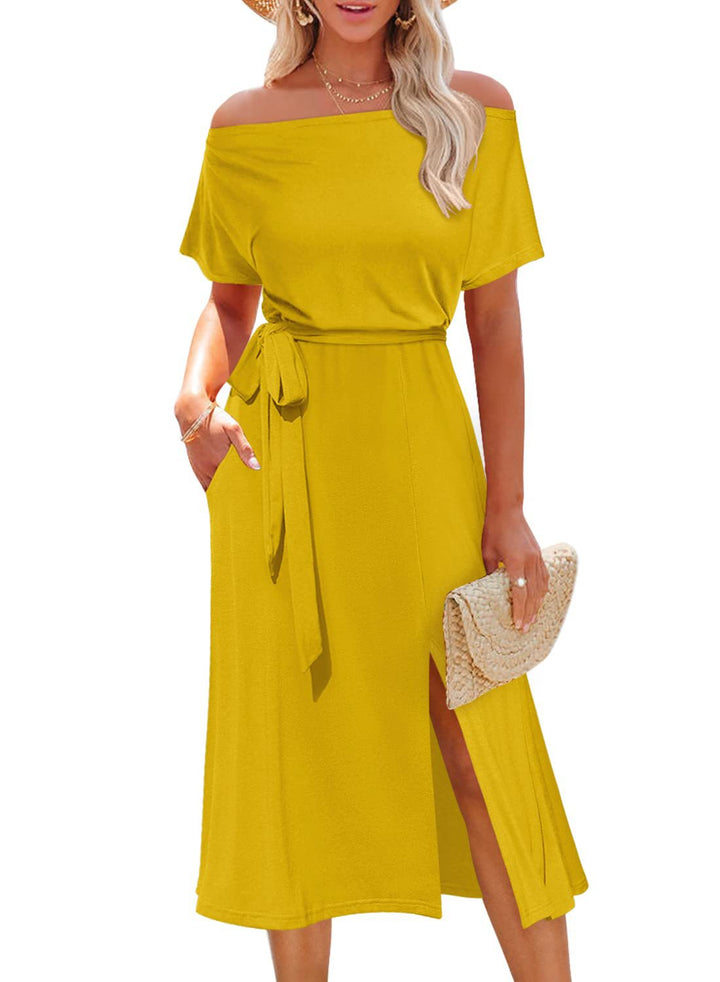 Dame Off-Shoulder Maxi Kjole med Taljebælte Stilla