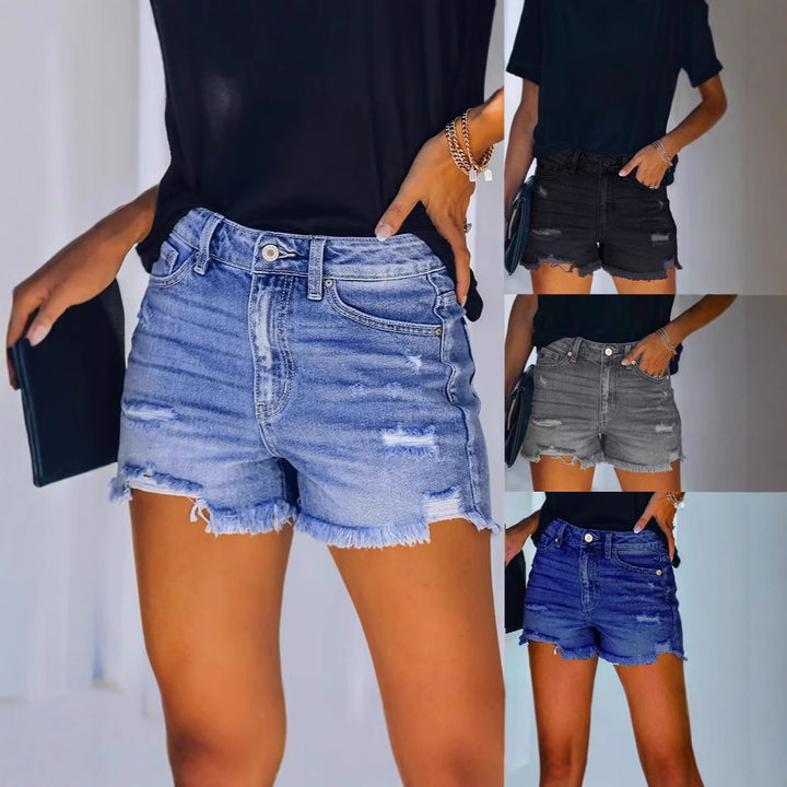Dame Revne Denim Shorts med frynset kant og høj talje Stilla