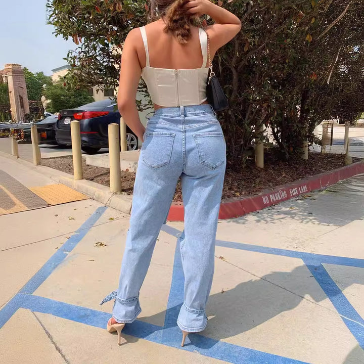 Casual dames mom jeans med trendy beskadiget udseende Skovae