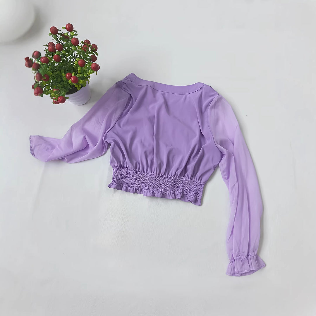 Dame kortærmet bluse med flæse detaljer Skovae