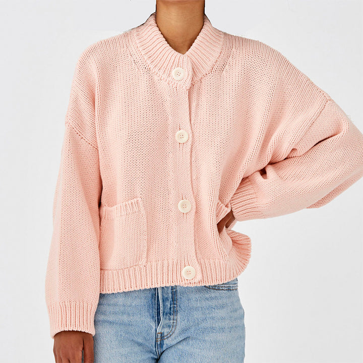 Dame Oversize Strikjakke med Ståkrave og Store Knapper Stilla