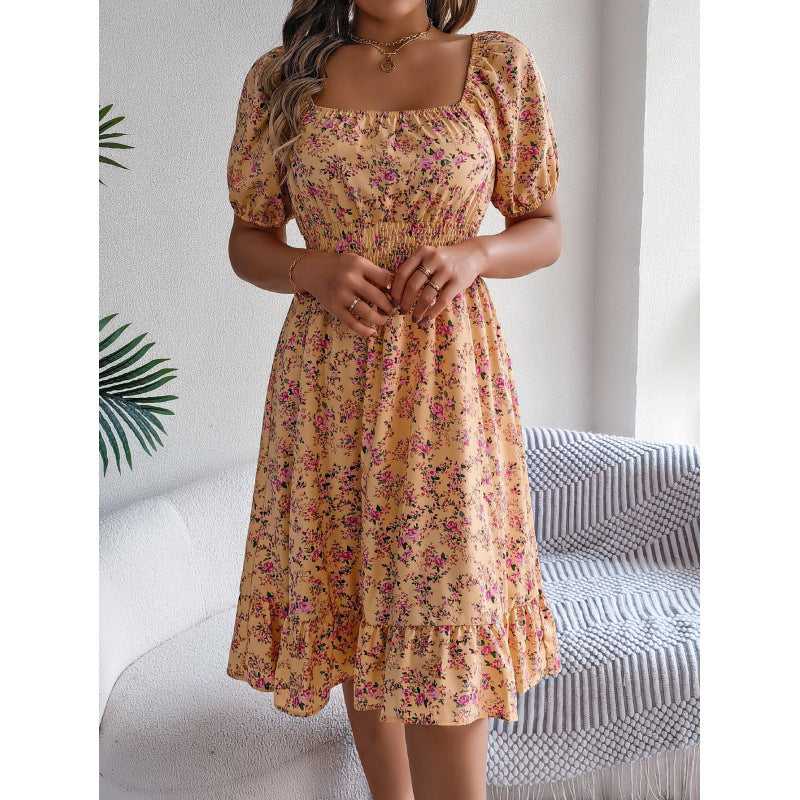 Dame Smocked Floral Print Midi Kjole med sidelæg Stilla
