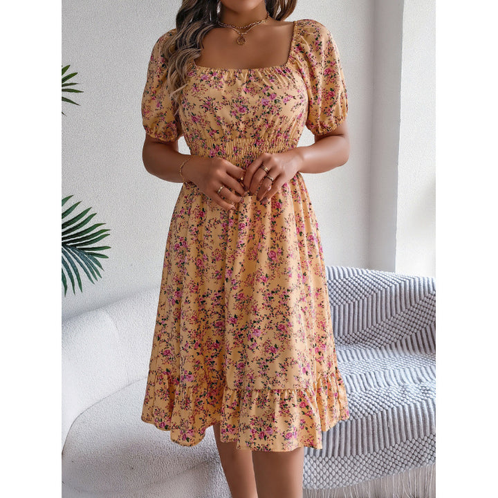 Dame Smocked Floral Print Midi Kjole med sidelæg Stilla