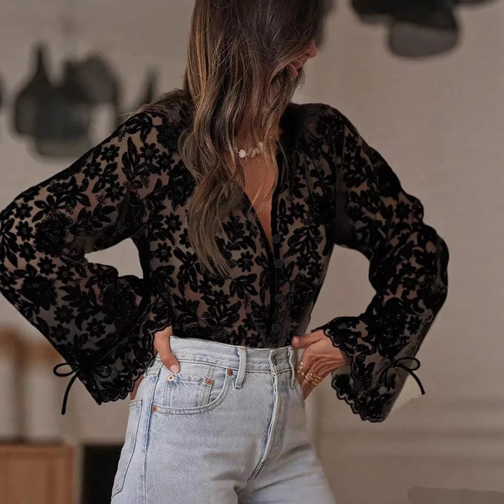 Dame gennemsigtig bluse med blomster broderier og vide ærmer Skovae