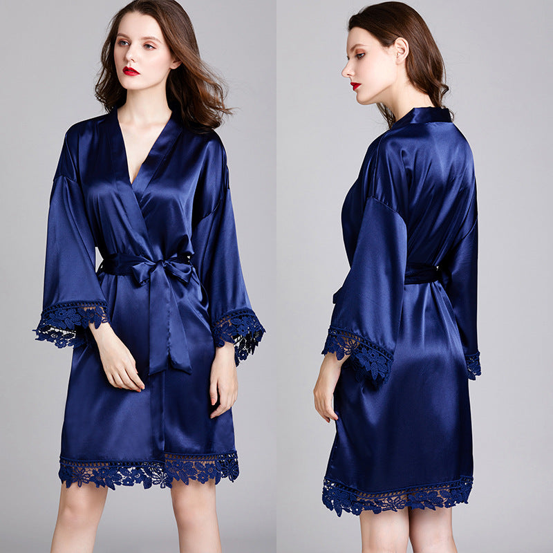 Dame luksus Satin Kimono Morgenkåbe med fine spids detaljer Stilla
