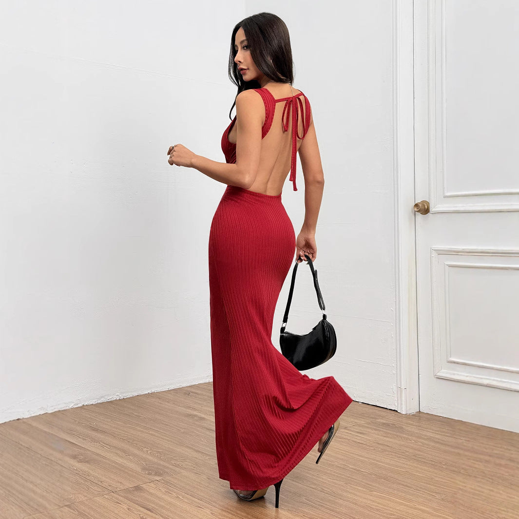 Damer figur-siddende rib maxi kjole med elegant rund udskæring Stilla