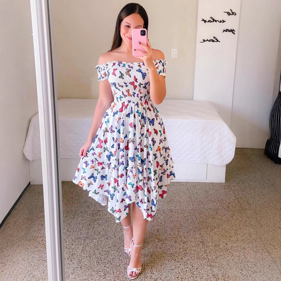 Dame Midikjole med off-shoulder skæring og blomsterdesign Stilla