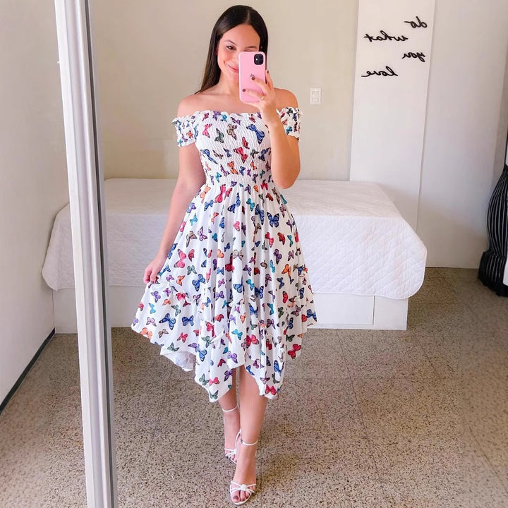 Dame Midikjole med off-shoulder skæring og blomsterdesign Stilla